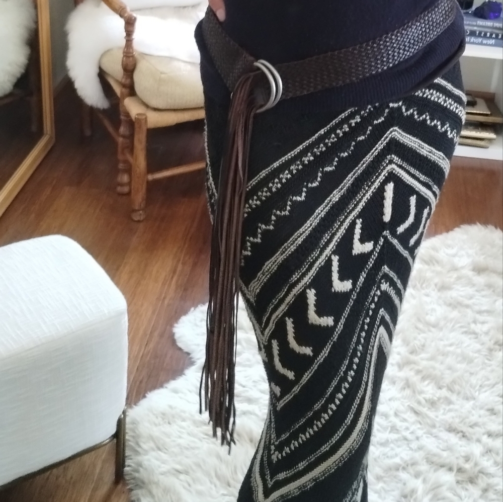 J. Crew Braided Woven Brown Genuine Leather Wide Belt, long fringe M/L